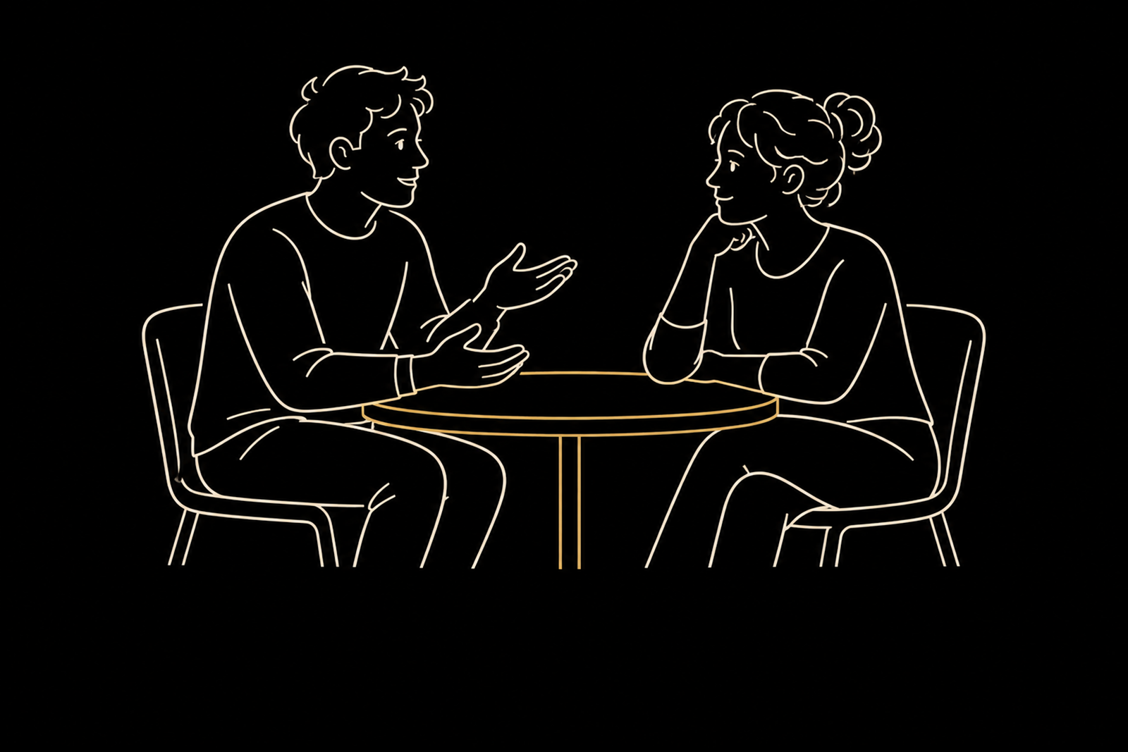 Warm-gold line illustration of two people rehearsing a conversation across a table.