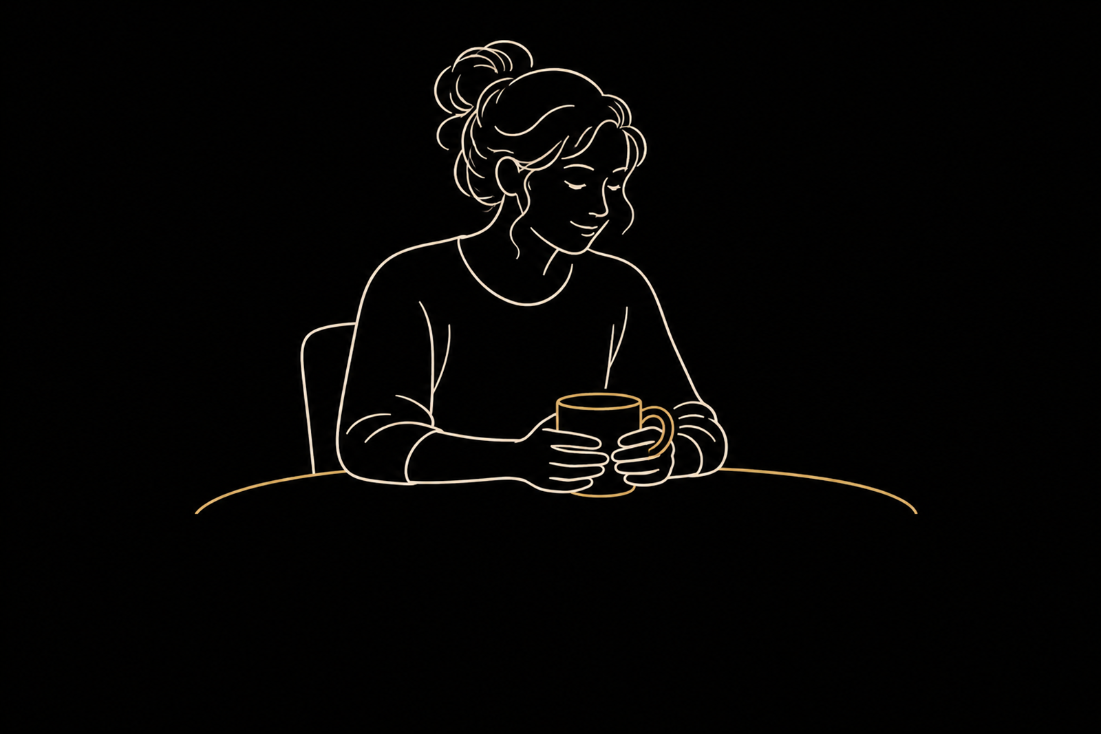 Warm-gold line illustration of a person pausing with their hands around a mug.