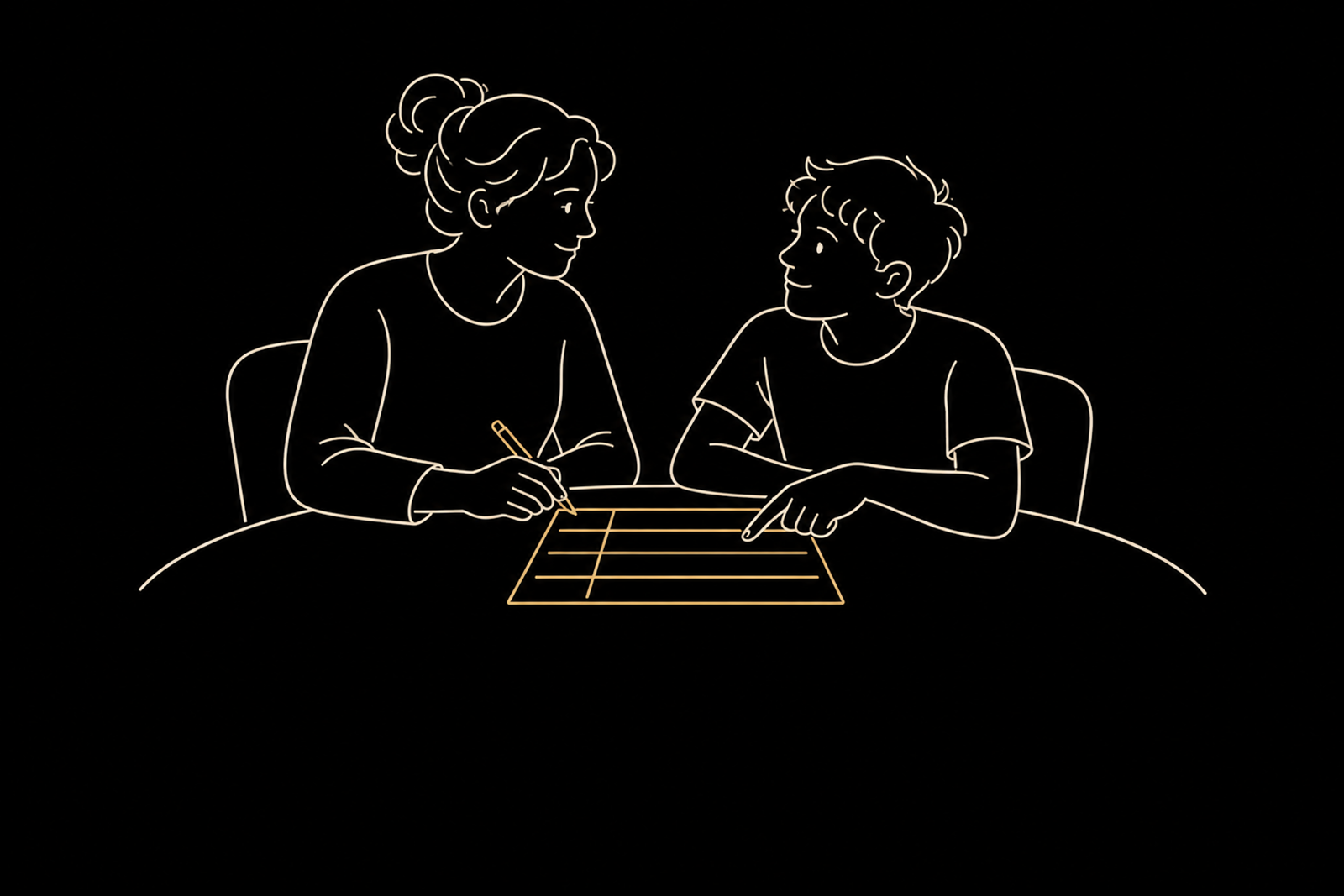 Warm-gold line illustration of a supporter planning a week for someone they look out for.