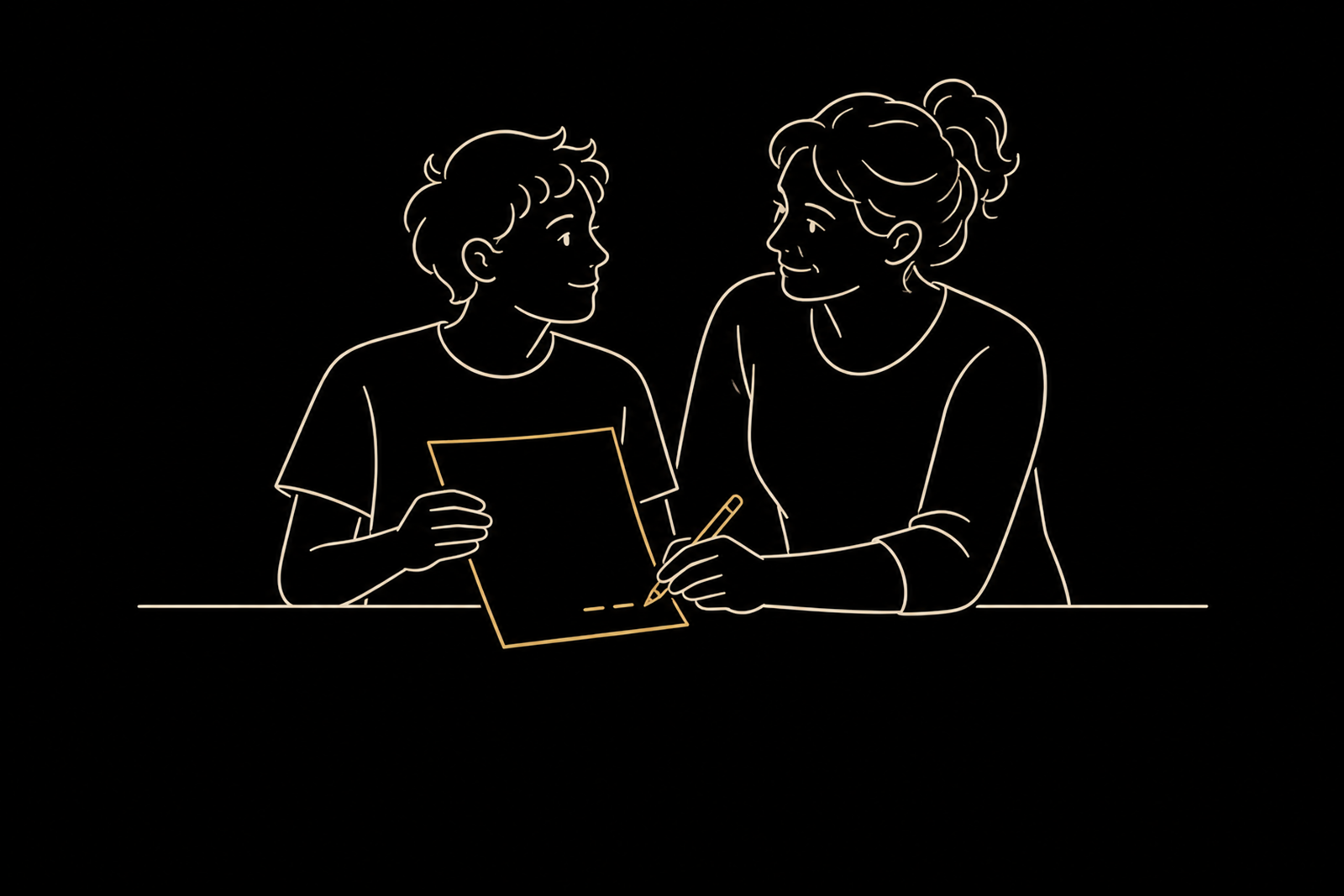Warm-gold line illustration of a person and supporter noting what helps.