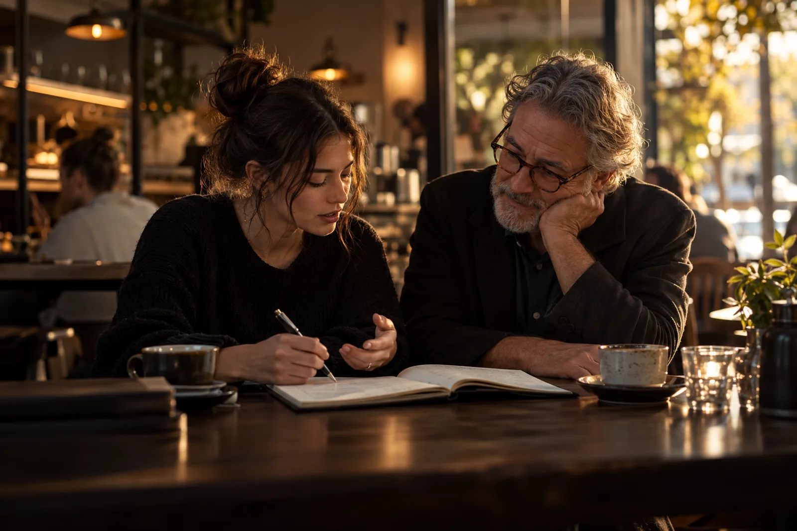 A mentor listening while a younger person talks through their notebook.
