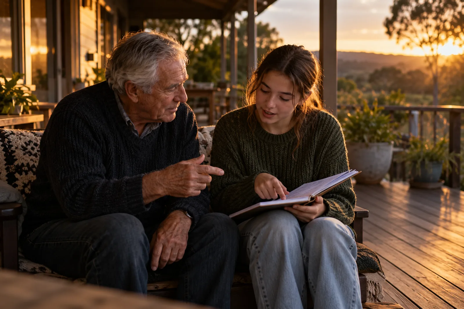 A grandparent and teenager talking through a notebook together on a verandah.